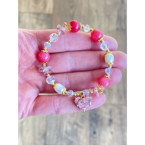 Pink Swarovski Beaded Bracelet Heart Charm - Picture 7 of 8